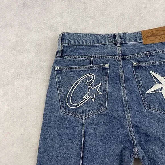 Corteiz Rules The World Alcatraz Jeans Mens L Blue Embroidered C Star Button Fly